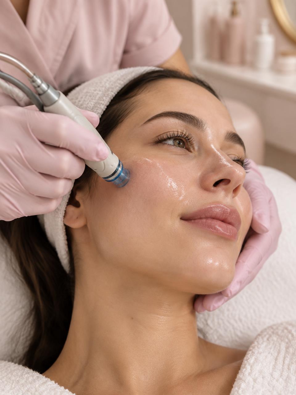 Hydrafacial-handstuk glijdt over de wang voor een gehydrateerde huid