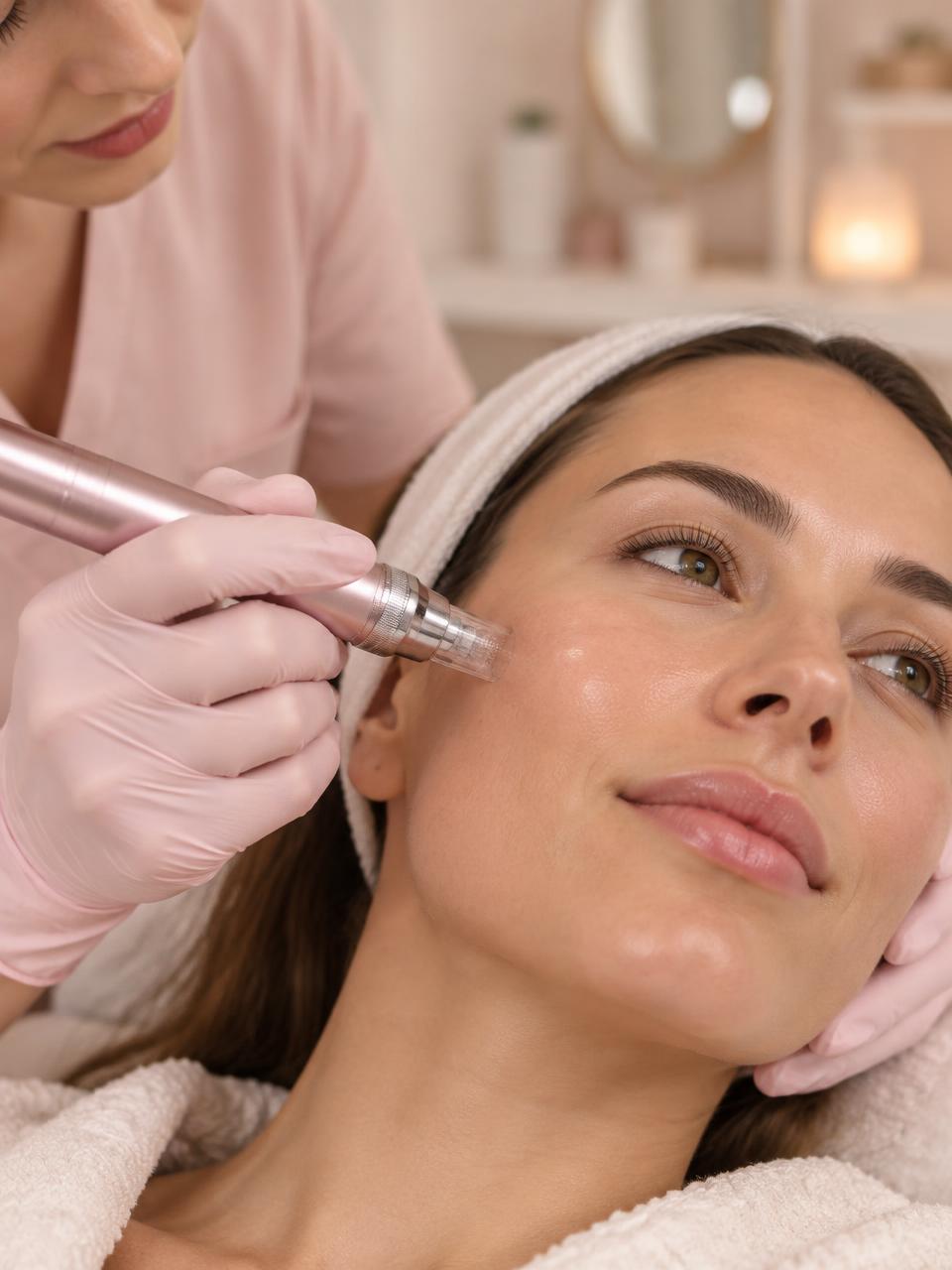 Microneedling-pen bij de wang, vastgehouden met roze handschoenen